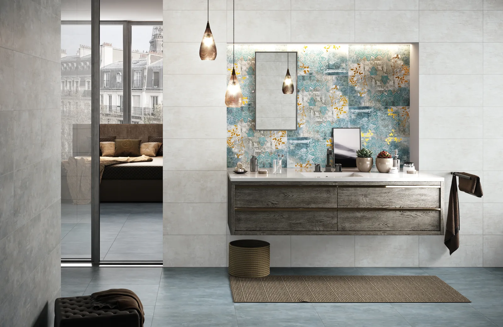 Badezimmer mit blaugrauem Boden und Ornament-Dekorwand, Naxos Pictura Capua 30x60 cm.