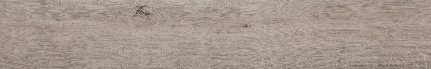 Holzoptik-Diele 20x120 cm in kühlem Grau mit verwitterter Maserung und dunklem Astauge am linken Rand.