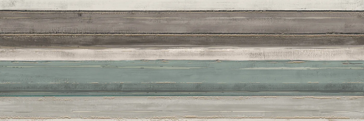 Dekorfliese 30x90 cm mit breiten, wie gestrichen wirkenden Streifen in Graubraun, Hellgrau, Creme und Salbeigrün