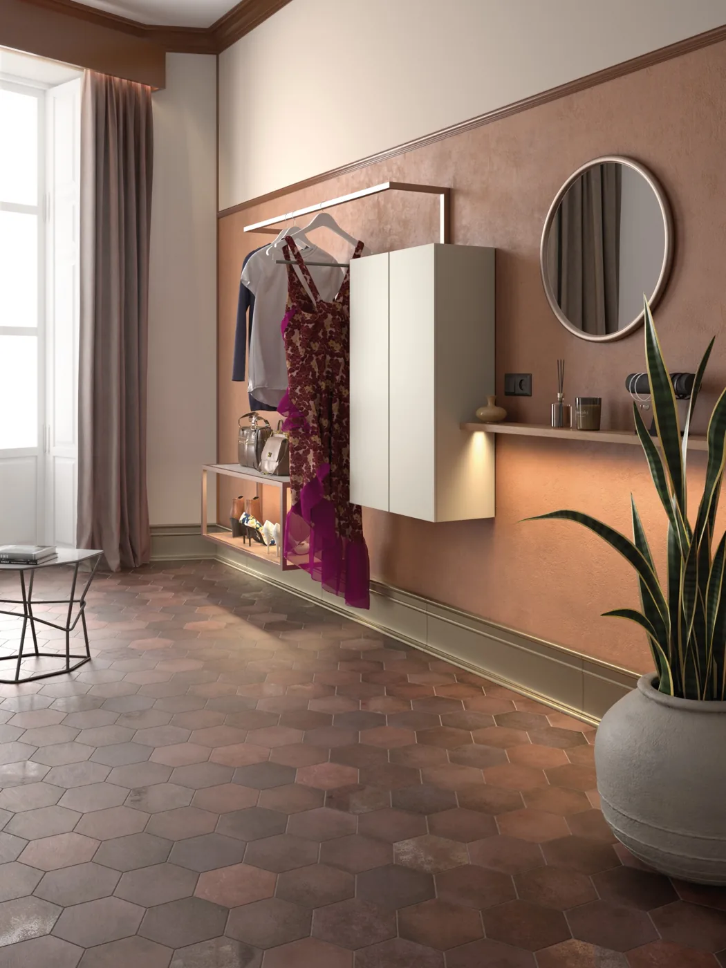 Ankleide mit bordeauxrotem Hexagon-Boden Equipe Heritage Wine, Kleiderstange, rundem Spiegel und Pflanze