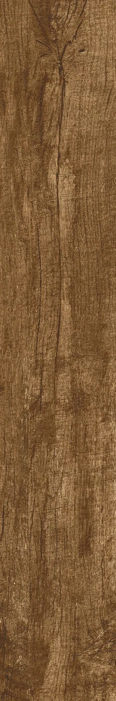 Holzoptik-Diele 20x120 cm in warmem Braun, matte Oberfläche, kräftige Maserung mit Rissen und Altholz-Spuren, hochkant.