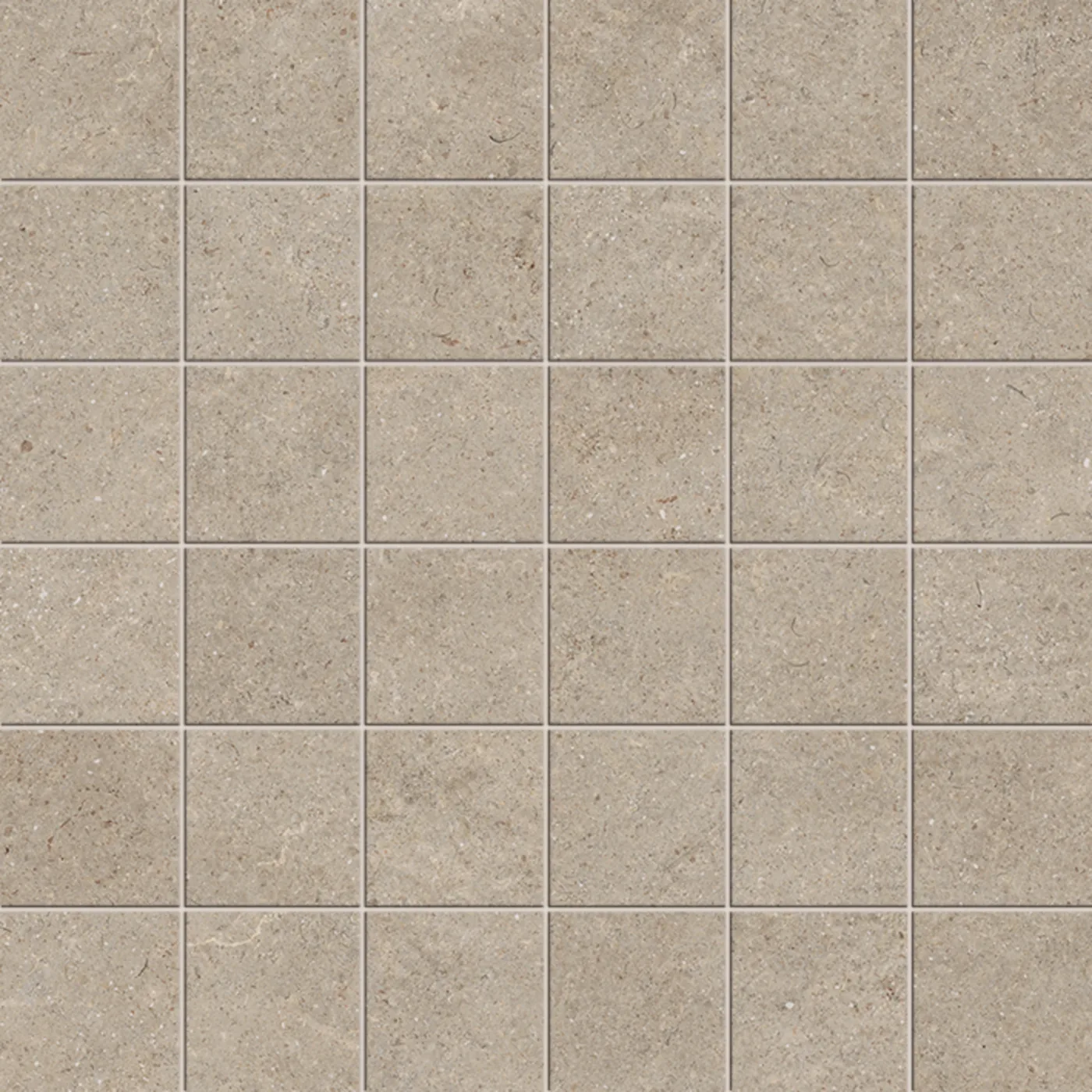 Mosaikmatte 30x30 cm aus 5x5-Steinen in hell sandgrauer Betonoptik mit leicht wechselnder Tönung, matt.