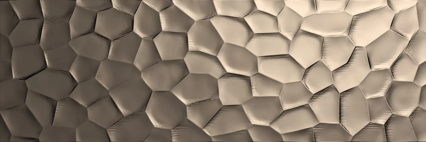 Bronzefarbene metallisch glänzende Wanddekorfliese 40x120 cm mit Relief aus unregelmäßigen Vielecken