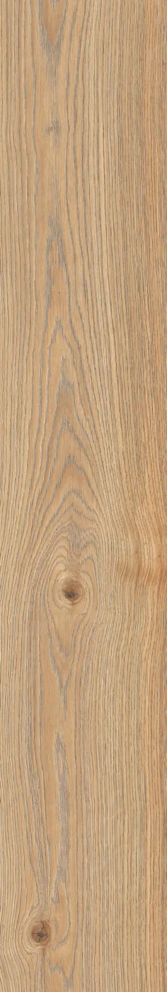 Holzoptik-Fliese 20×120 cm in hellem Naturton mit feiner Längsmaserung, grauen Streifen und zwei Astaugen