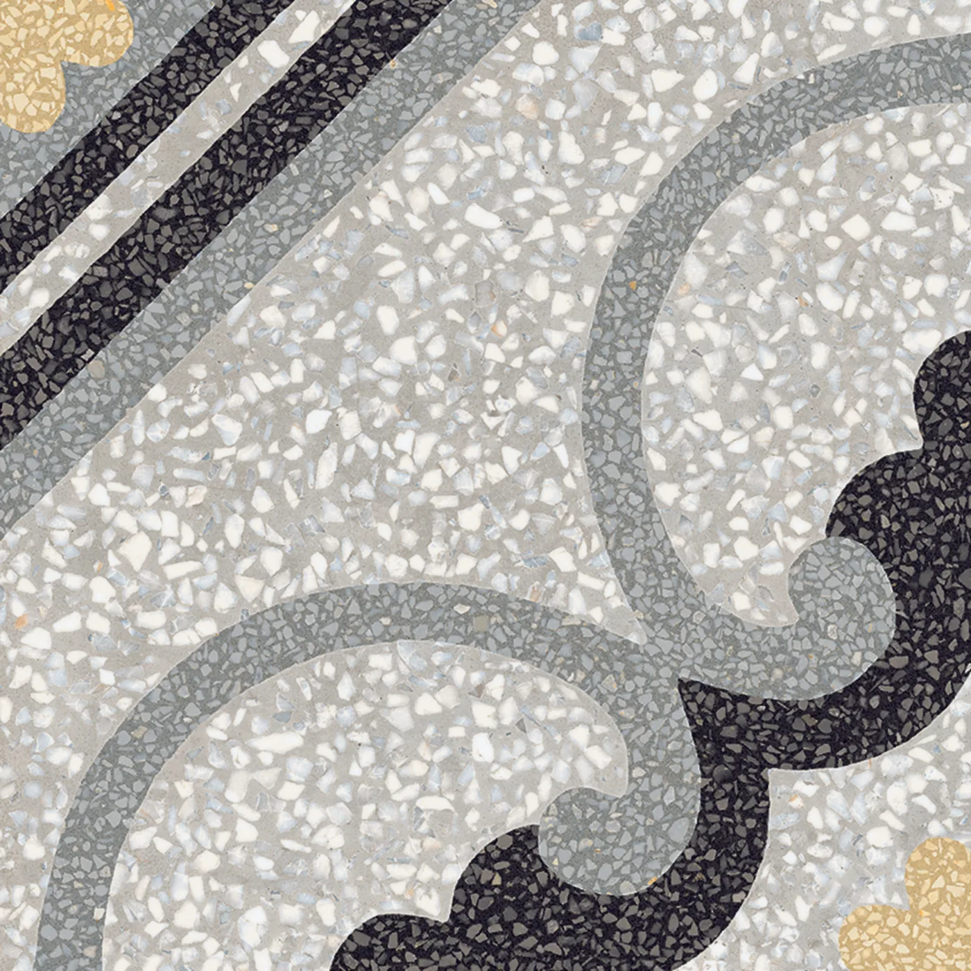 Terrazzo-Dekorfliese 20x20 cm, schwarze und graue Streifen in der Ecke, graue und schwarze Bogenranken auf hellem Grund.