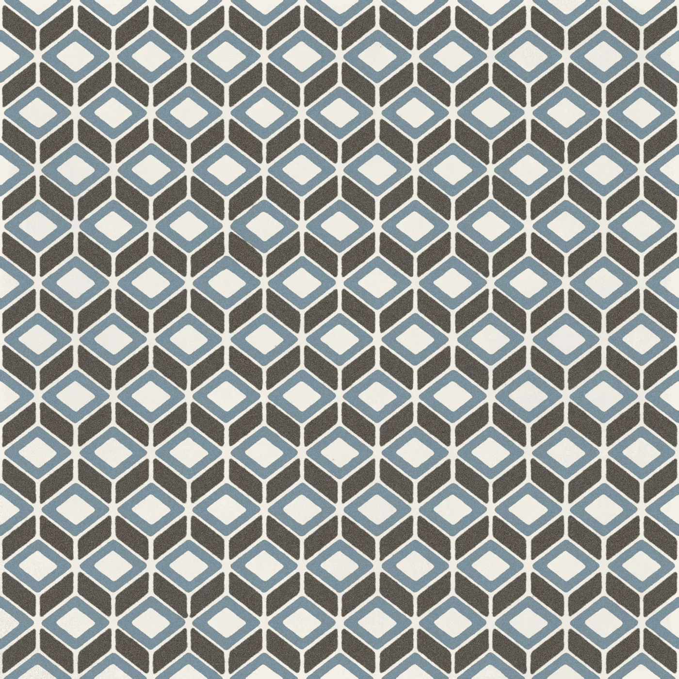 Quadrat-Fliese 20x20 cm, matt, mit dichtem Rautenraster in Blau und Anthrazit auf weißem Grund.