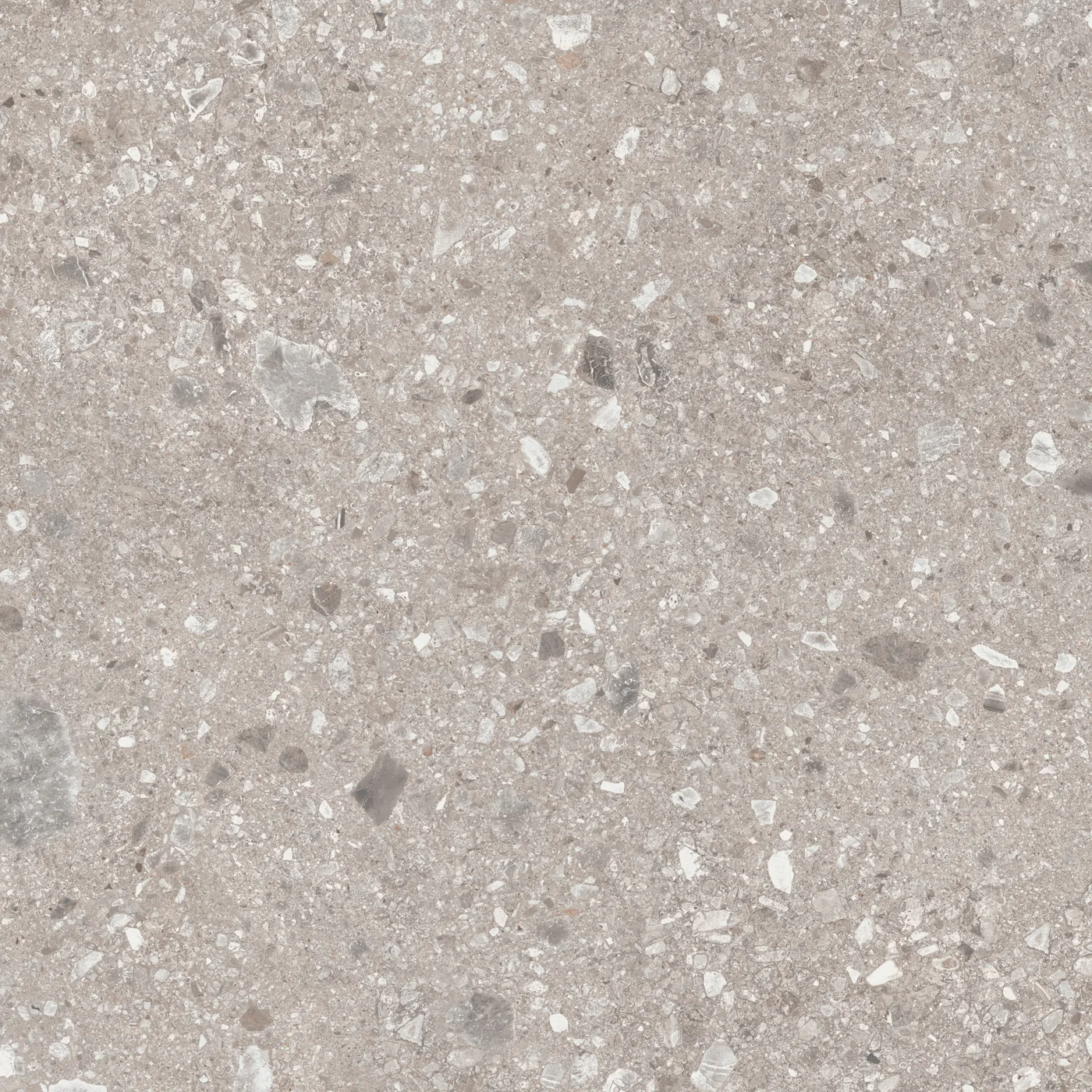 Graubeige Fliese in Konglomerat-Steinoptik, 120x120 cm, matte Oberfläche, mit hellen und dunklen Gesteinsbrocken.