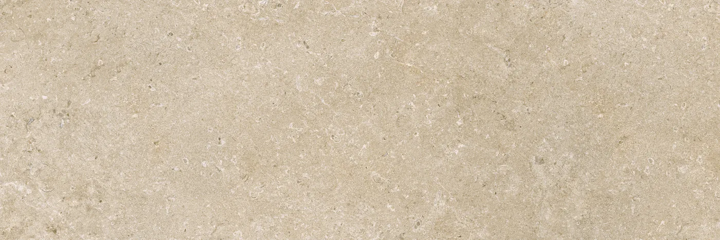 Greigefarbene Wandfliese 30×90 cm in matter Kalksteinoptik mit fossilartigen Einschlüssen und gewolkter Oberfläche.