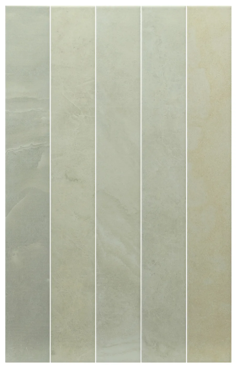 Equipe Marmoris Matcha: funf matte Riemchen 7,5x60 cm in Salbeigrun mit weicher Marmormaserung, frontal.