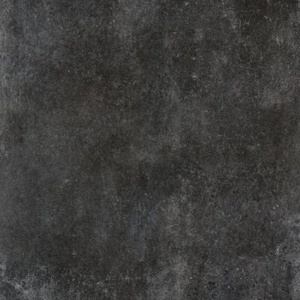 Dunkel anthrazitfarbene Steinoptik-Fliese 60x60 cm, matt, mit wolkiger Struktur und hellen Flecken.