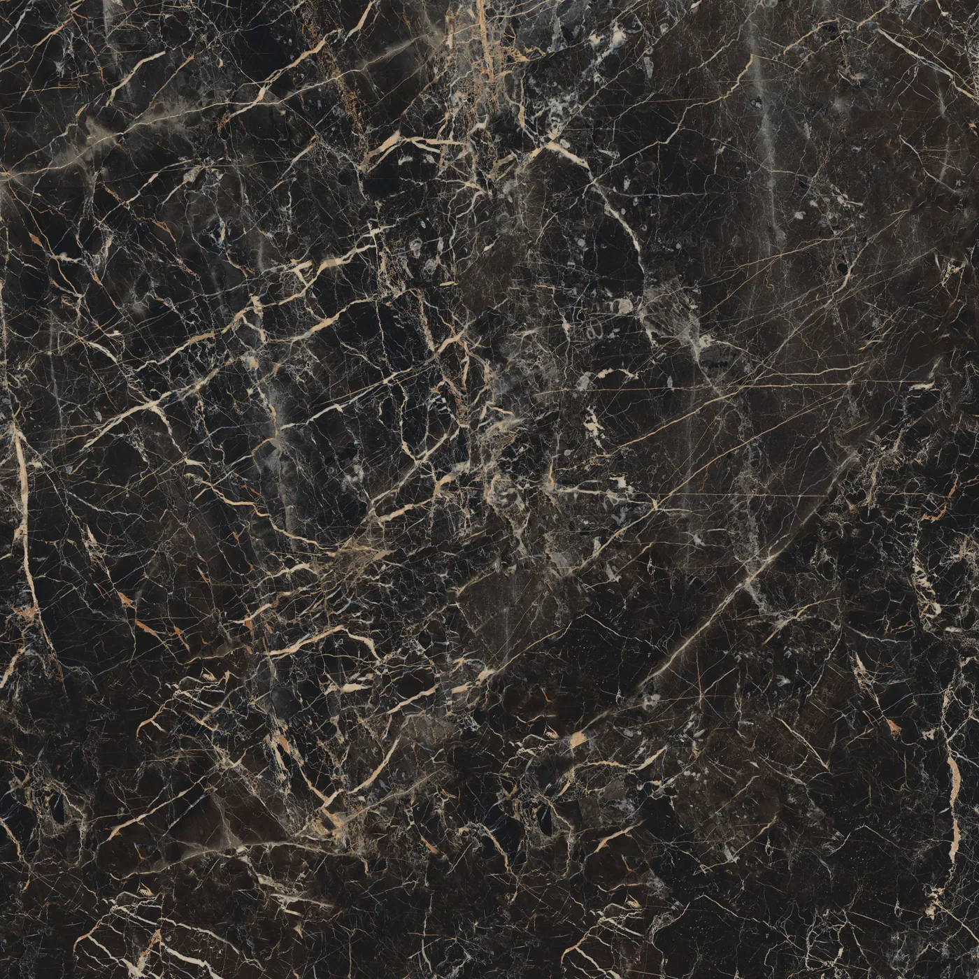 Schwarze Marmoroptik-Platte im Format 120x120 cm mit glänzender Oberfläche und goldbeigen sowie weißen Adern.