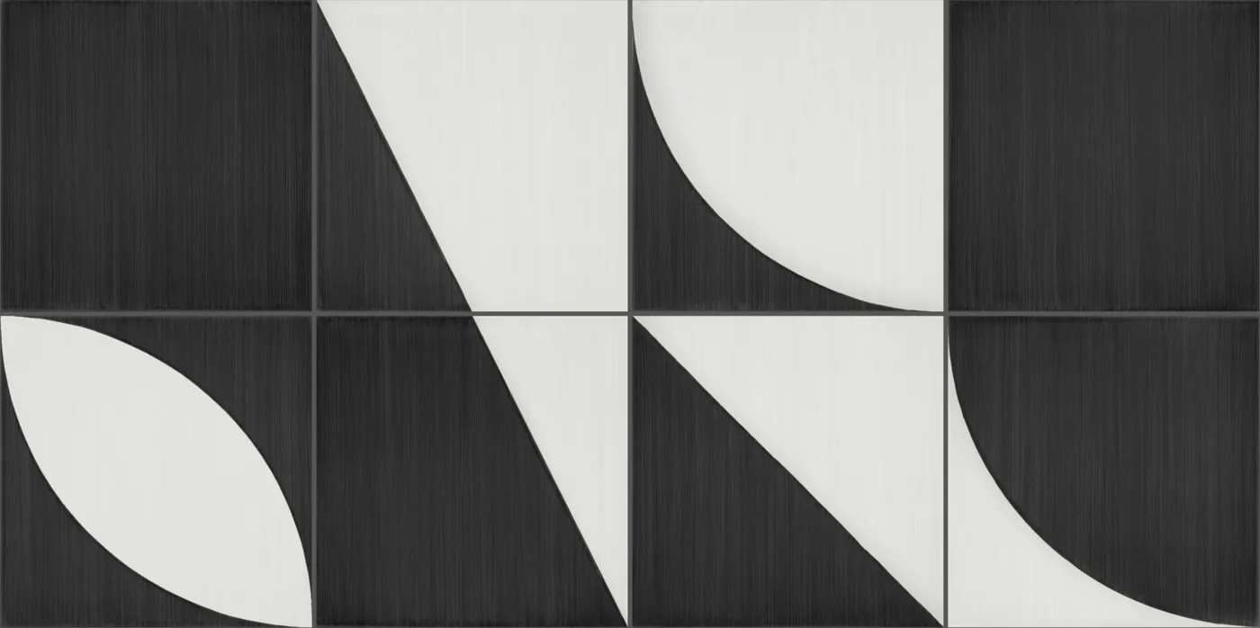 Acht Fliesen 20×20 cm in Schwarz und Weiß, gemischt aus Unifliesen, Dreiecken, Viertelkreisen und Bögen in zwei Reihen.