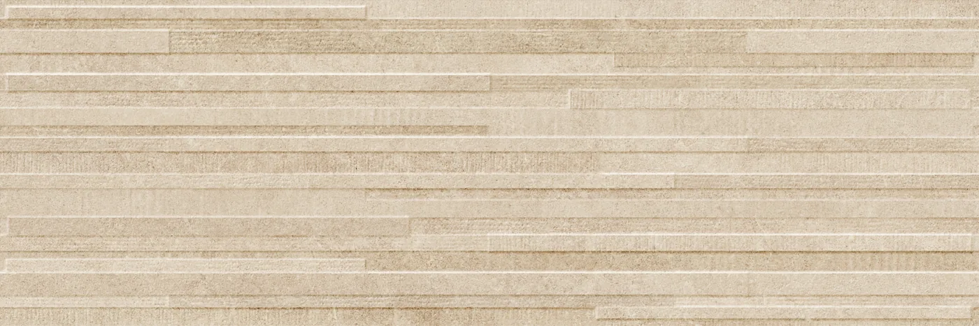 Beige Wandfliese 30x90 cm mit 3D-Relief aus waagerechten, versetzten Leisten in hellen und dunkleren Sandtönen