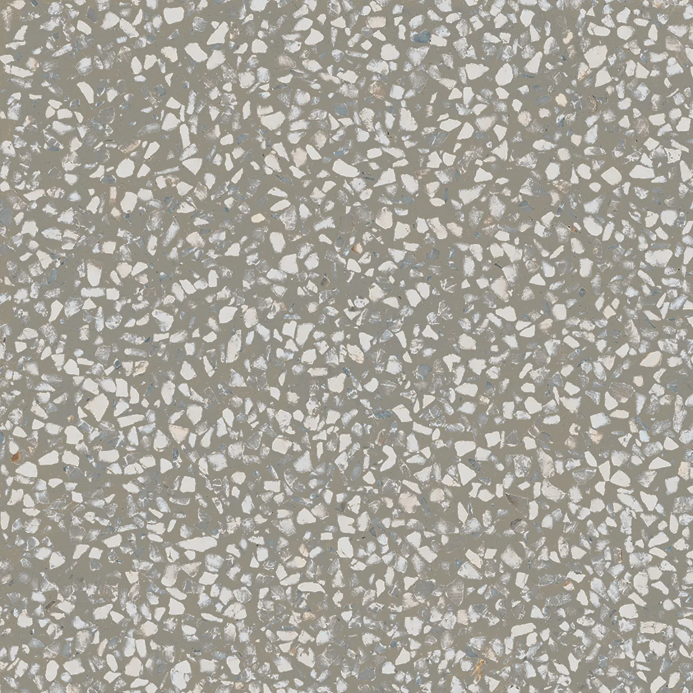 Graue Terrazzo-Fliese 20x20 cm, mittelgrauer Grund mit dicht verteilten weißen und hellgrauen Splittern, matte Fläche.