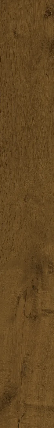 Nahaufnahme der warm mittelbraunen Holzoptik-Fliese 18,5×150 cm mit feiner matter Eichenmaserung und Astzeichnungen.