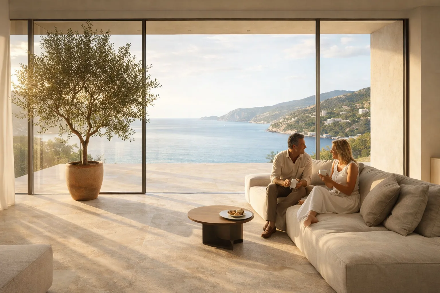 Mediterranes Wohnzimmer mit Sofaecke und Mittelmeerblick — Nyra Star Feinsteinzeug in warmen Beigetoenen auf grossformatigem Boden – KI-generiertes Beispielbild