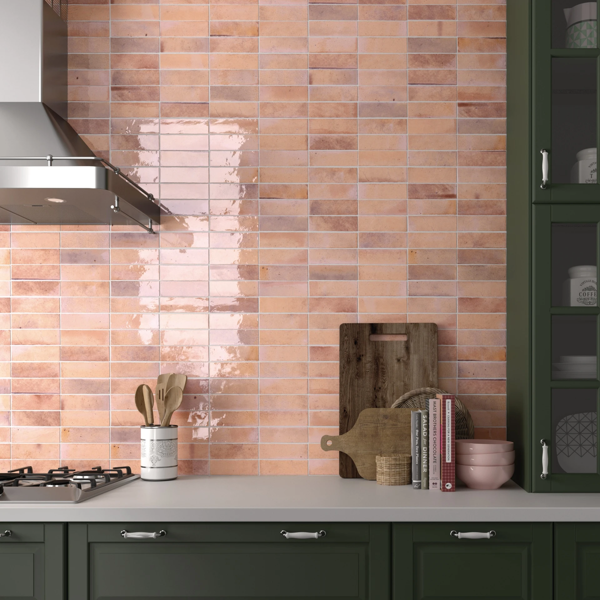 Raumszene mit verlegten Hanoi Wandfliesen in Pink Glasur, Showroom im Vintage Stil.