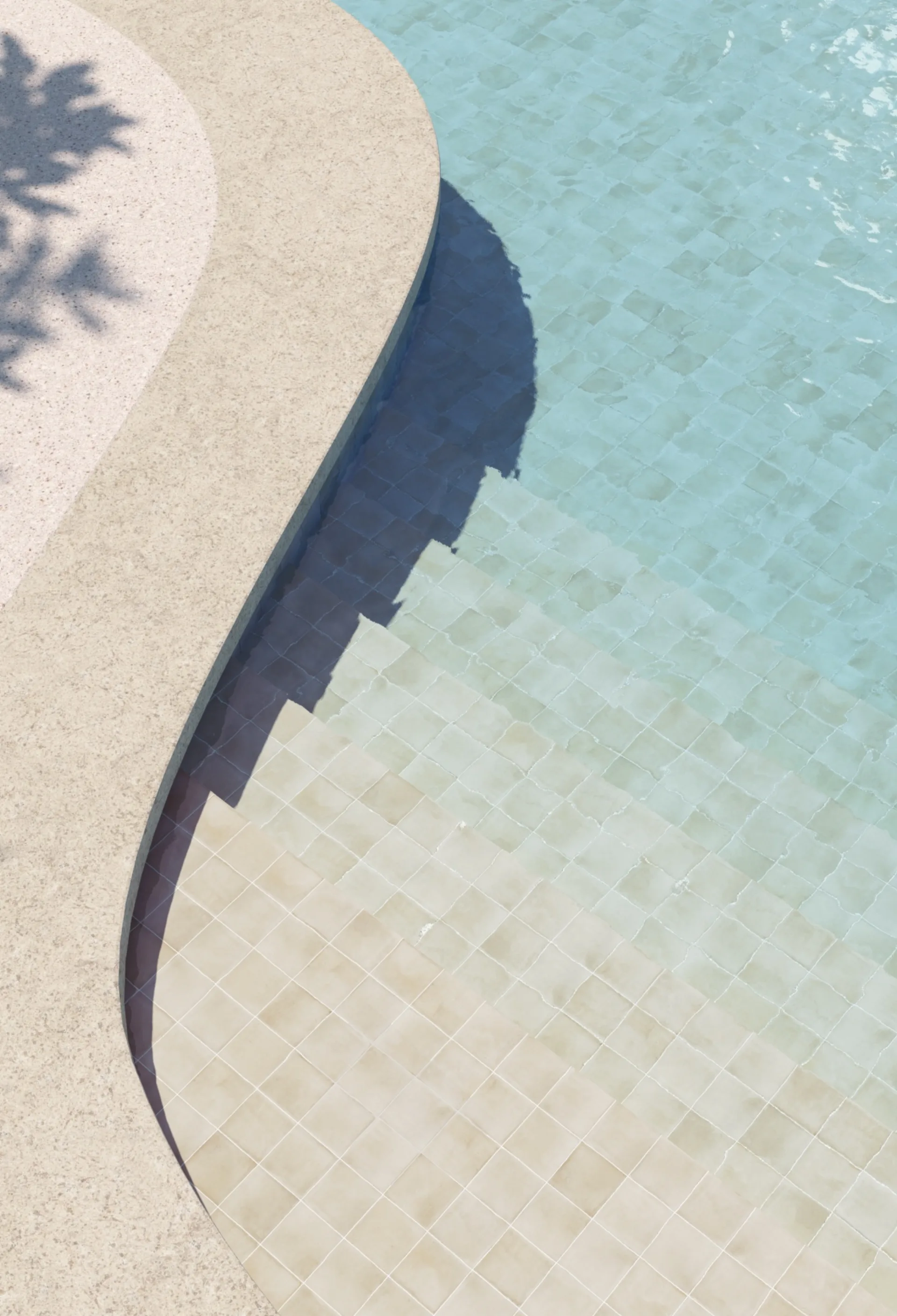 Aufsicht auf ein aquamarinblaues Poolbecken mit hell gefliestem Rand und Schattenwurf einer Pflanze.