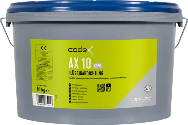 Hellgrauer Codex-Eimer mit dunklem Etikett — Kunststoff-Gebinde mit AX 10 Logo, graue Variante zur Schichtenkontrolle.
