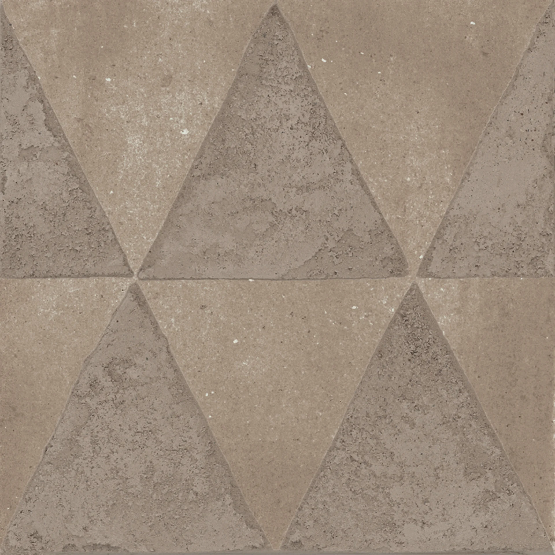 Quadrat-Fliese 20x20 cm in erdig-braunem Argilla-Ton mit aufgesetztem Dreieck-Muster (Triangoli), matt veredelt.