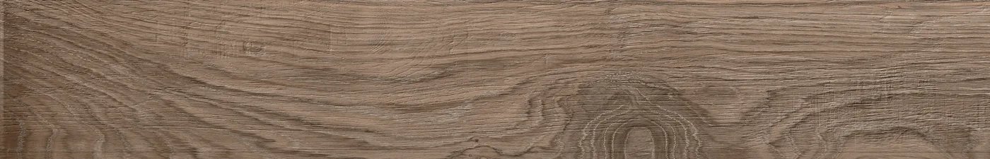 Holzoptik-Diele 14,5x90 cm in verwittertem Graubraun mit kräftiger Maserung und leichten Farbschwankungen.