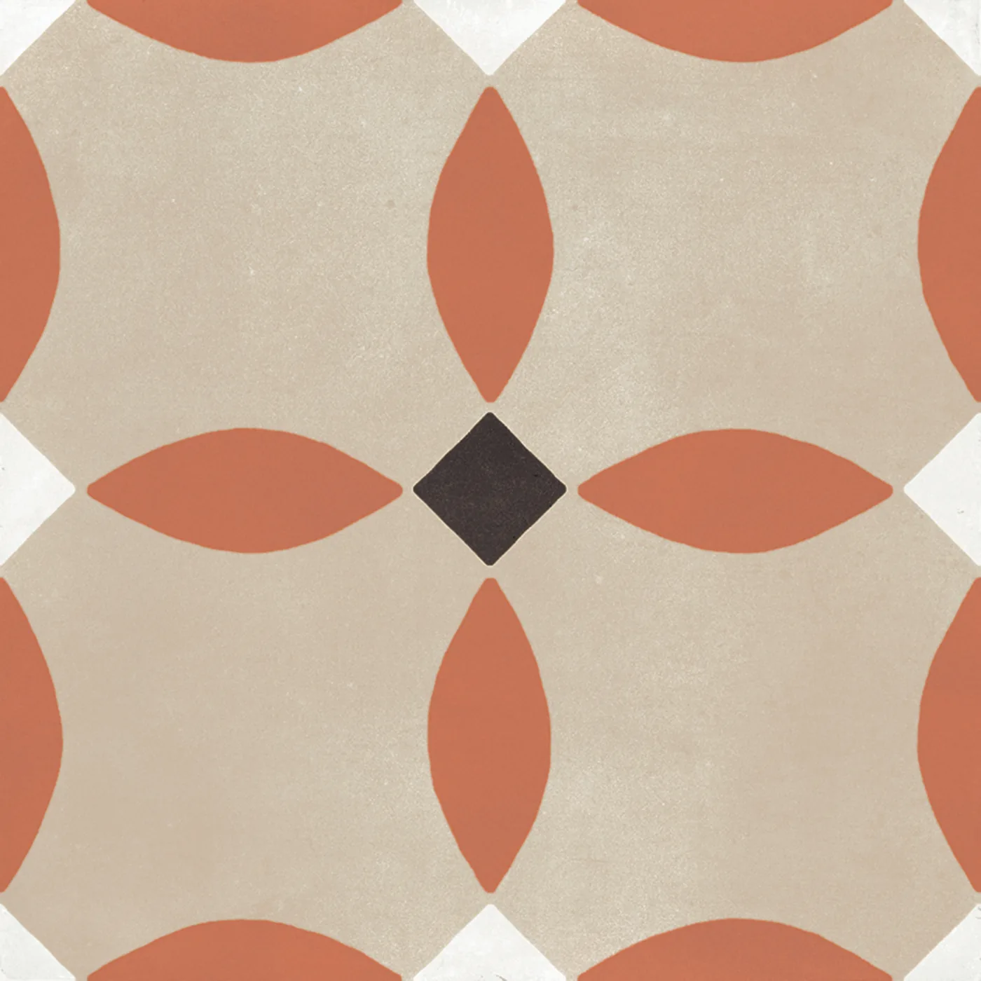 Quadrat-Fliese 20x20 cm, matt, Kreisbogenmuster aus terrakottafarbenen Blättern auf Beige mit schwarzer Raute.
