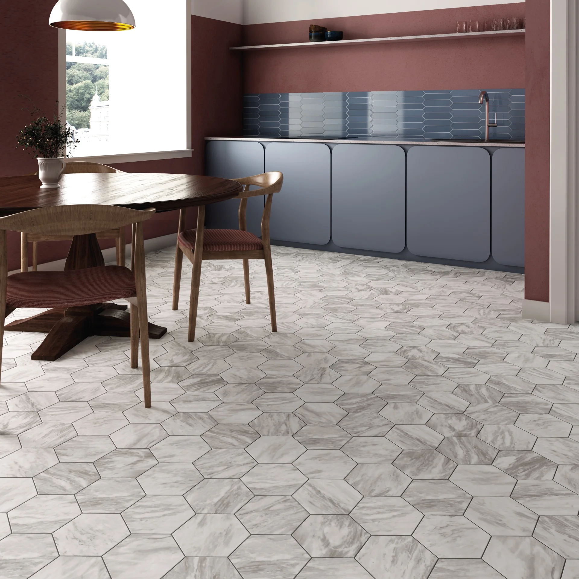 Raumszene mit verlegten Hexagon-Fliesen 17,5×20 cm in hellgraue Marmor-Optik, modern eingerichtetes Interieur.