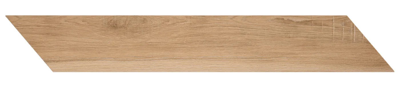 Honigbeige Holzoptik-Fliese 11,8×73,2 cm mit schrägen Enden für Fischgrät-Verlegung, matt und fein gemasert.