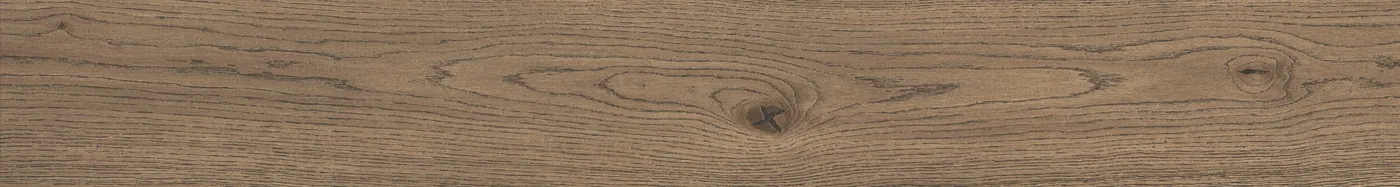 Mittelbraune Holzoptik-Planke im Format 20x150 cm mit durchgehender Eichenmaserung und dunklem Astknoten in der Mitte.