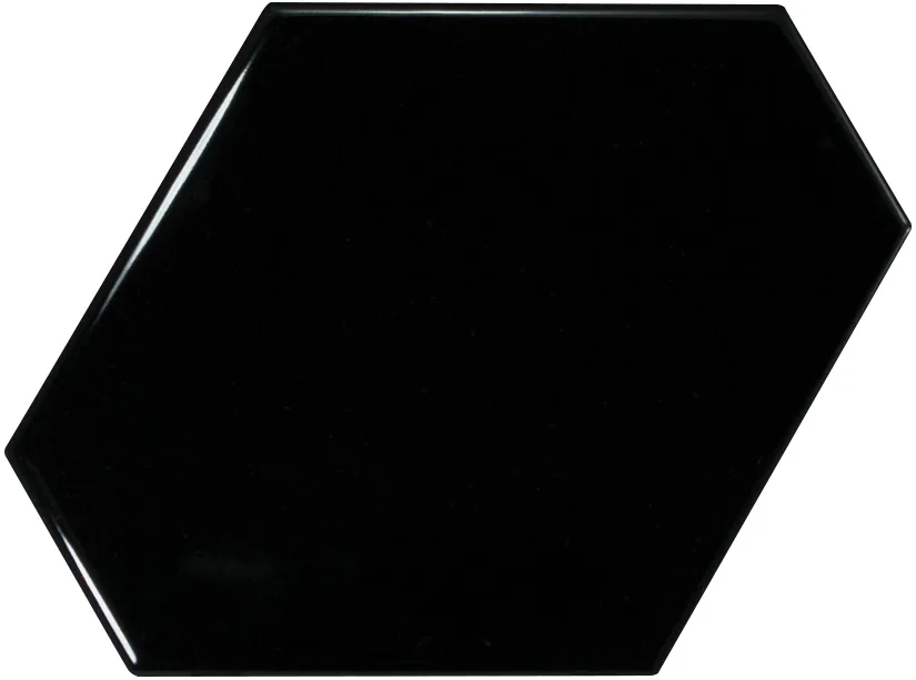 Langgestreckte Sechseck-Wandfliese in Schwarz, glänzend glasiert, Format 10,8x12,4 cm, mit gleichmäßig deckender Oberfläche.