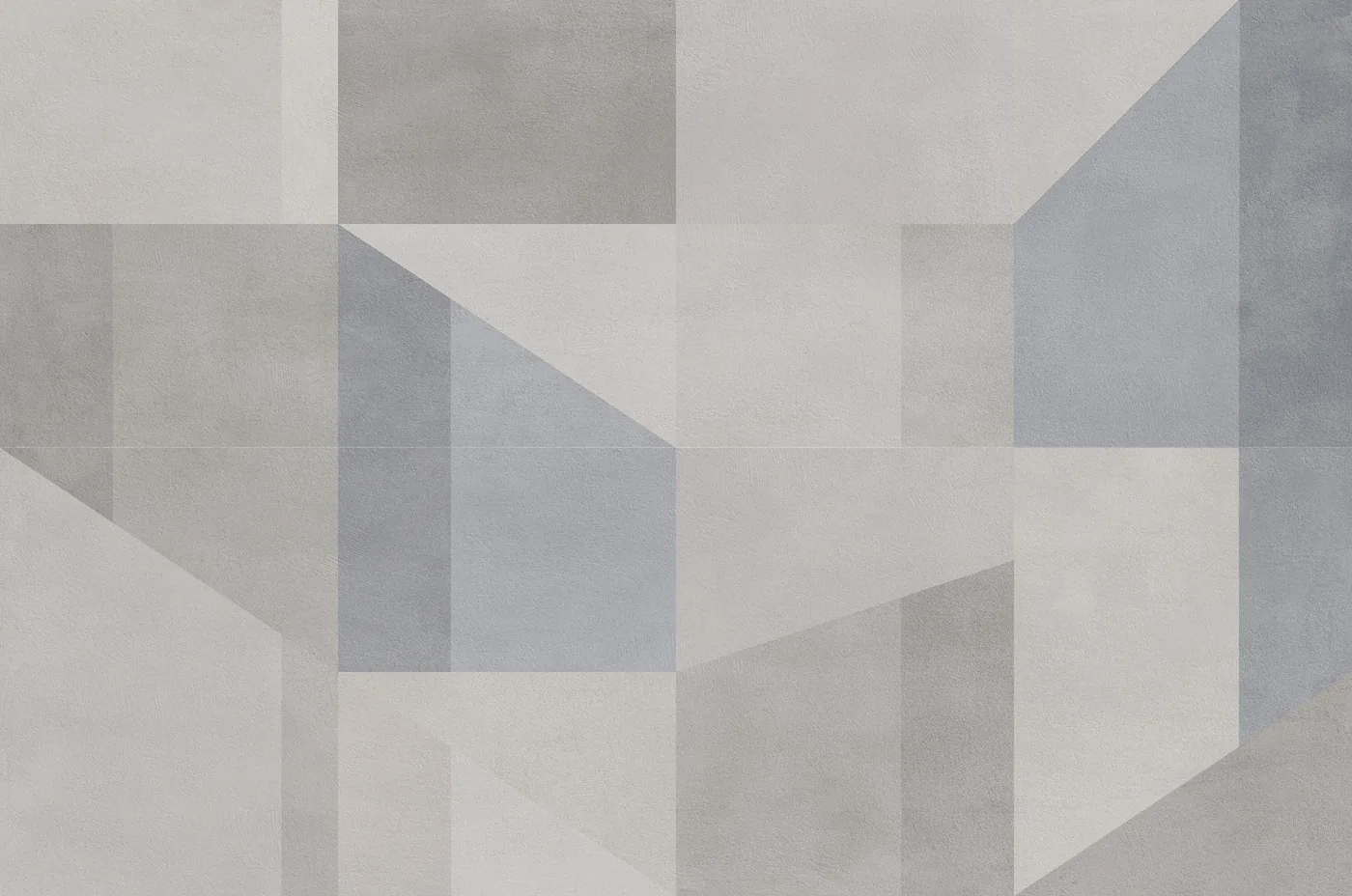 Wandfläche 60x180 cm mit geometrischem Dekor aus großen grauen und blaugrauen Dreiecksflächen.