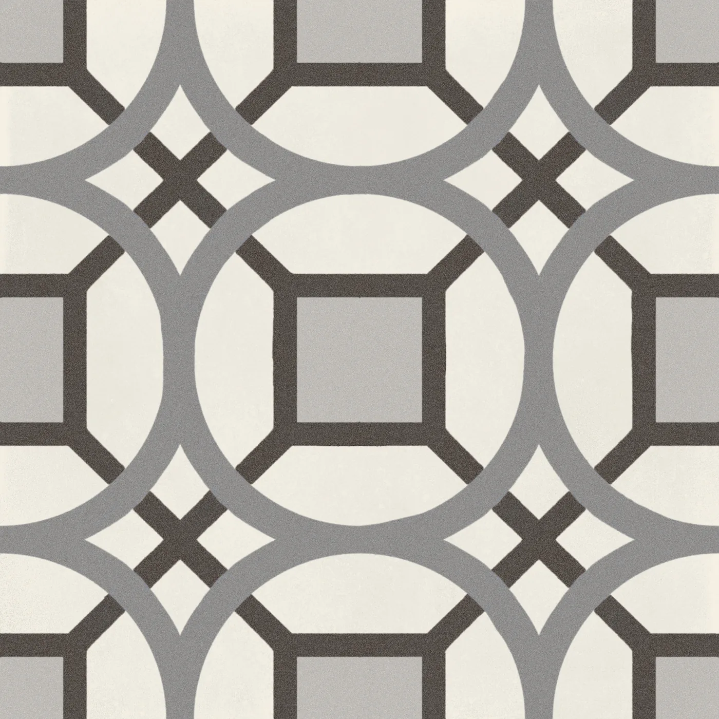 Quadrat-Fliese 20x20 cm, matt, mit grauem Ring- und Quadratmuster auf weißem Grund.
