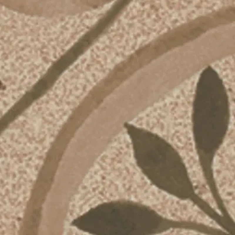 Karamell-lehmbrauner Untergrund mit floralem Lorbeer-Blatt-Tafelmotiv in geschwungener handgemalt wirkender Optik.