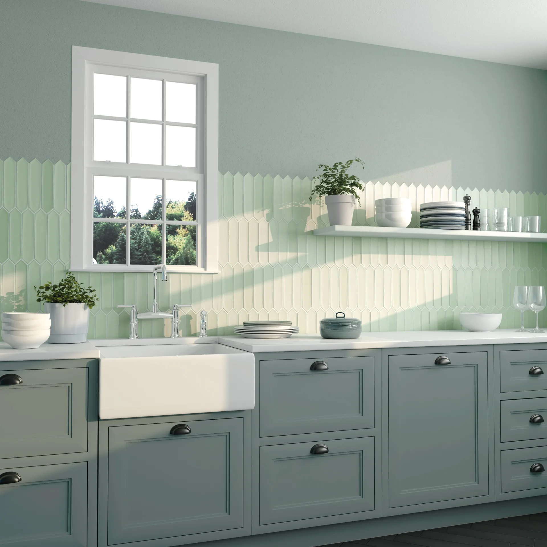 Küche mit mintgrünen, spitz zulaufenden Wandfliesen als Rückwand, Fenster und graublauen Landhaus-Unterschränken.