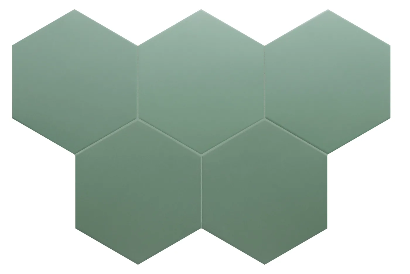 Sechseckige Wand- und Bodenfliese in mattem Salbeigrün, mehrere Hexagons im Wabenverband nebeneinander verlegt.