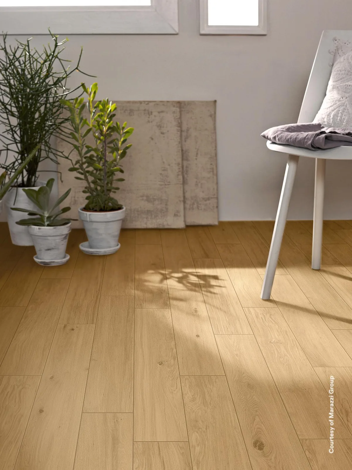 Raumecke mit Topfpflanzen und weißem Stuhl im Sonnenlicht, Dielenboden in Holzoptik Honey 14,5x90 cm