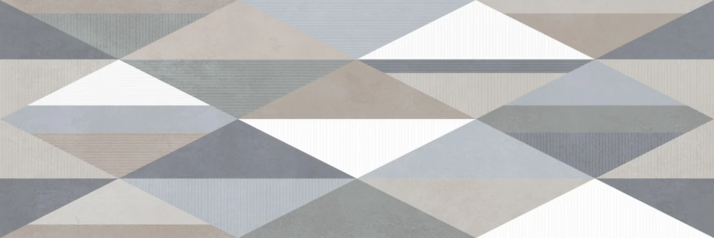 Wandfliese im Langformat mit geometrischem Dreiecksmuster in Grau, Graublau, Taupe und Weiß.