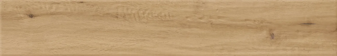 Honigbeige Holzoptik-Fliese 15x90 cm als Einzeldiele mit warmer Eichenmaserung und kleinen dunklen Astlöchern.