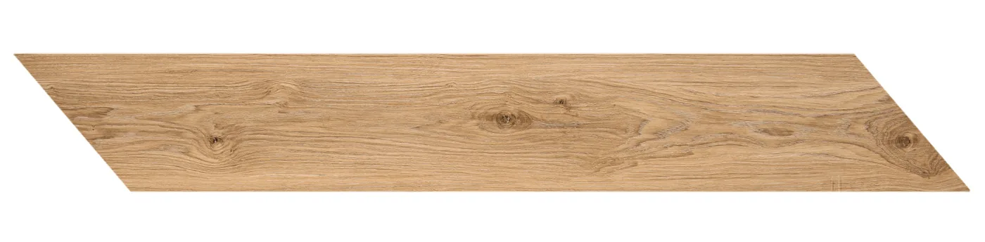 Honigbeige Holzoptik-Fliese 11,8×73,2 cm mit schrägen Enden für Fischgrät-Verlegung, matt und fein gemasert.