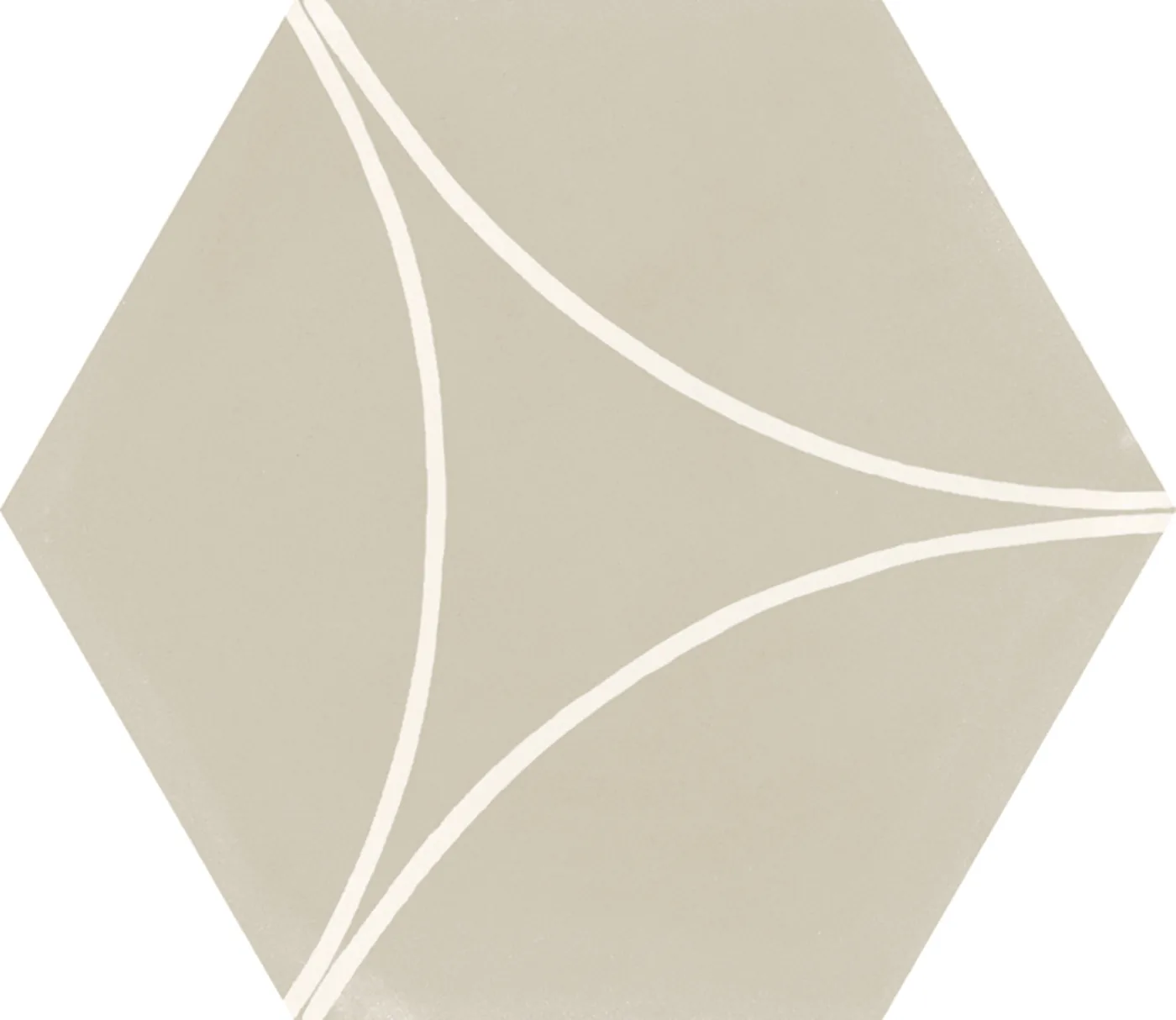 Beigegraue Sechseckfliese 18,2x21 cm in Betonoptik mit drei weißen Bogenlinien, die ein gewölbtes Dreieck bilden.