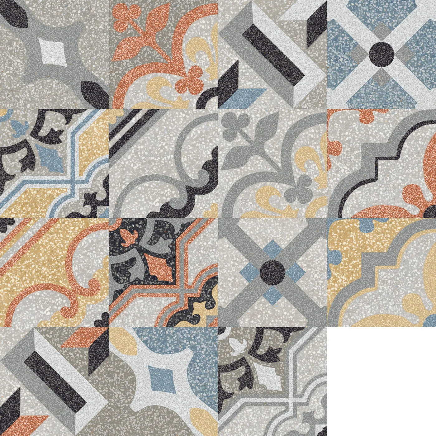 Verlegebild aus 15 verschiedenen Terrazzo-Dekorfliesen 20x20 cm mit Ornamenten in Grau, Schwarz, Blau, Orange und Gelb.
