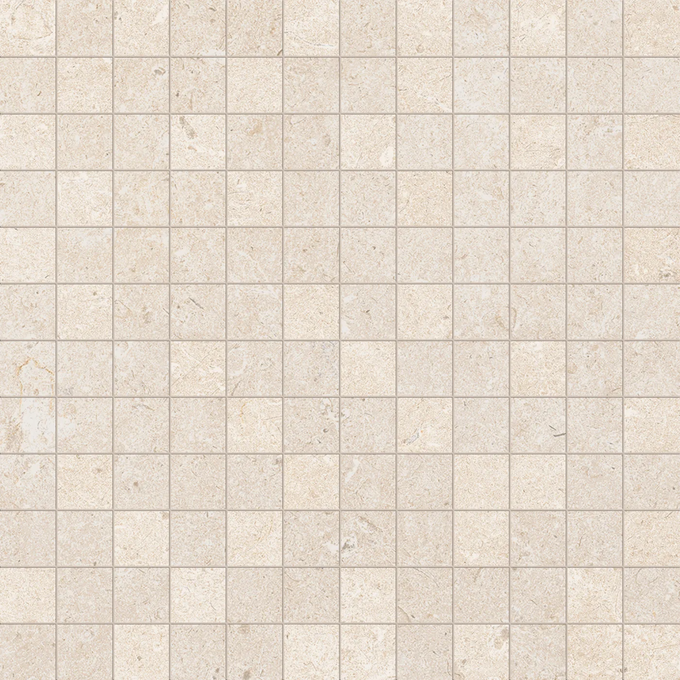 Mosaikfliese 30×30 cm aus kleinen quadratischen Steinchen in cremeweißer Kalksteinoptik mit schmalen hellen Fugen.