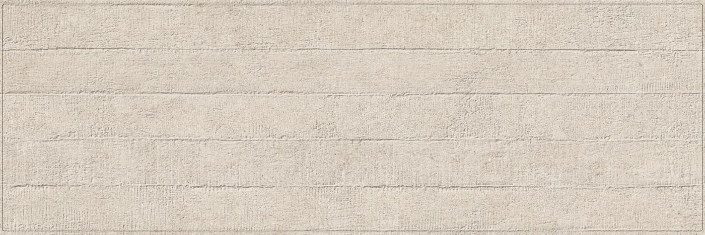 Beige Wandfliese 30x90 cm in Betonoptik mit 3D-Struktur aus waagerechten, versetzten Leisten, matt