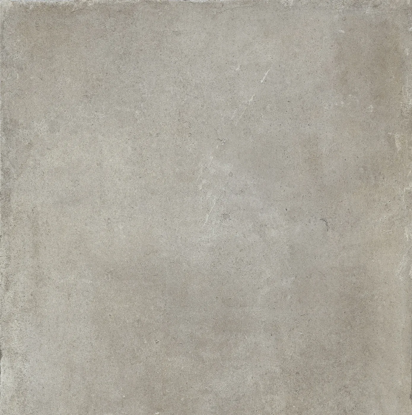 Betonoptik-Fliese 80x80 cm in hellem Warmgrau, wolkig marmoriert mit feinen helleren Sprenkeln, matt.