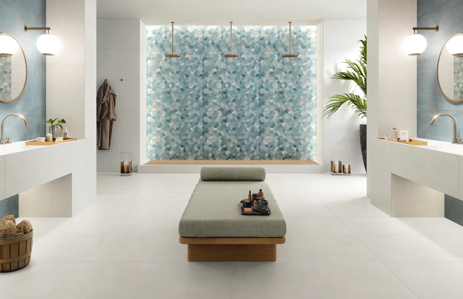 Wellnessbad mit blauem Hexagon-Dekorpaneel und hellem Boden, Naxos Pictura Luni 60x120 cm.