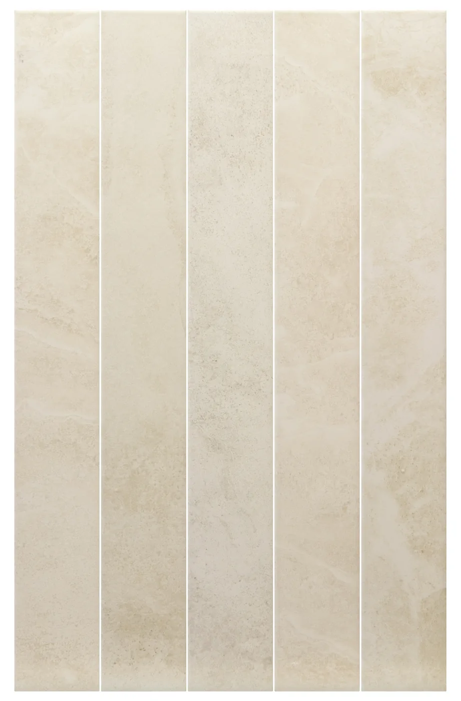 Equipe Marmoris Taupe: funf matte Riemchen 7,5x60 cm in warmem Beige mit feiner Marmormaserung, frontal verlegt.