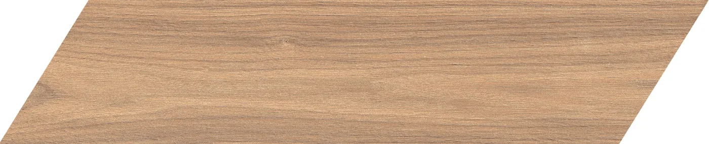 Honigbraune Holzoptik-Fliese 11x54 cm als schräg geschnittenes Chevron-Element mit ruhiger Längsmaserung.