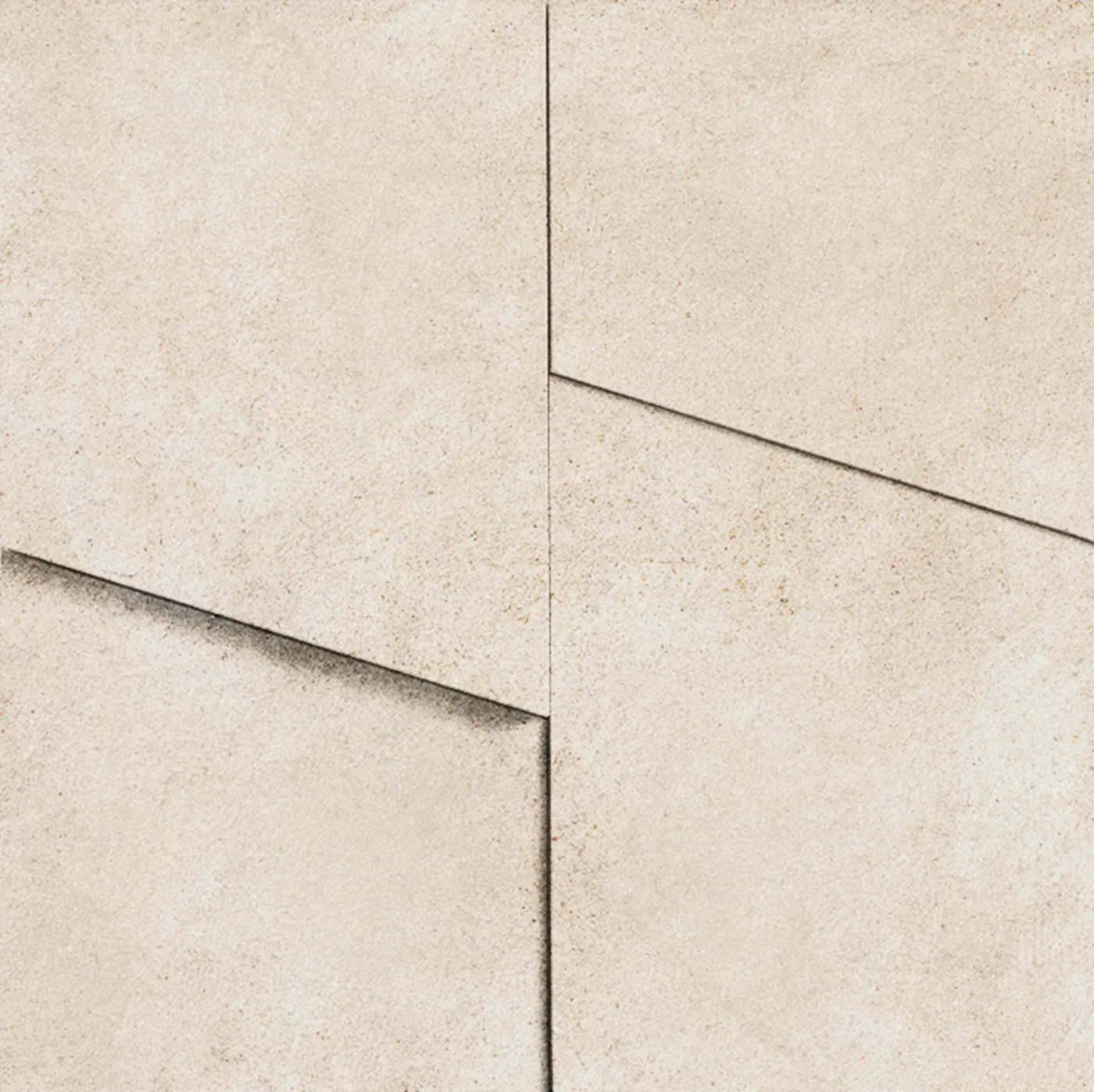 Reliefplatte 28,5x28,5 cm in elfenbeinfarbener Betonoptik aus versetzten Flächen mit schräg abgekanteten Stufen, matt.