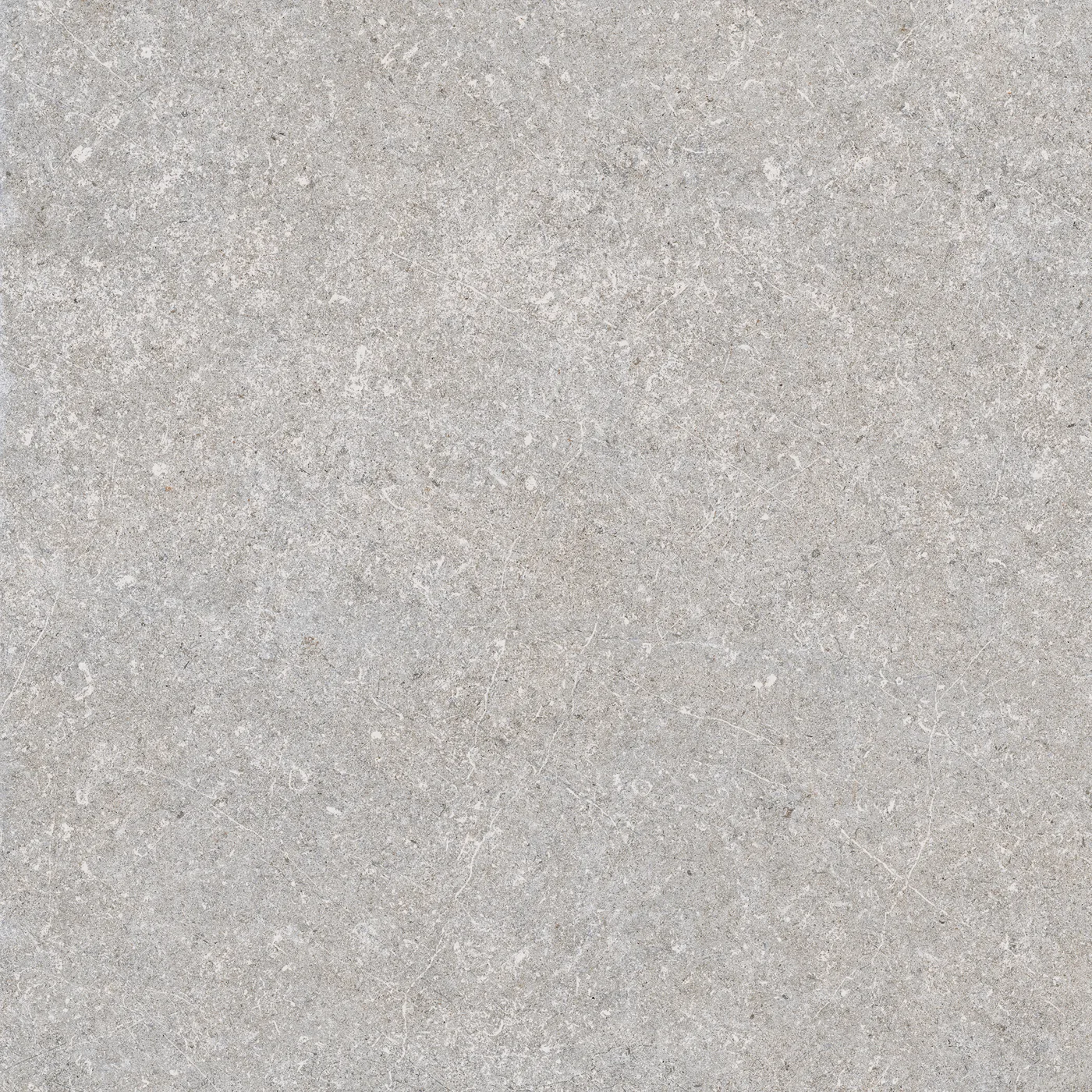 Mittelgraue Steinoptik-Fliese 60x60 cm in mattem Finish, feine Körnung mit hellen Einsprengseln über die gesamte Fläche.