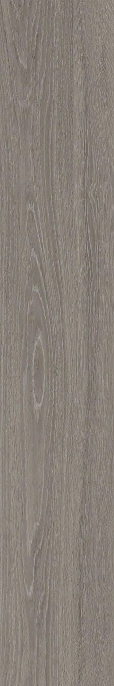 Graue Holzoptik-Fliese 20x120 cm mit feiner, heller Eichenmaserung und ovalem Astbild in der Mitte.